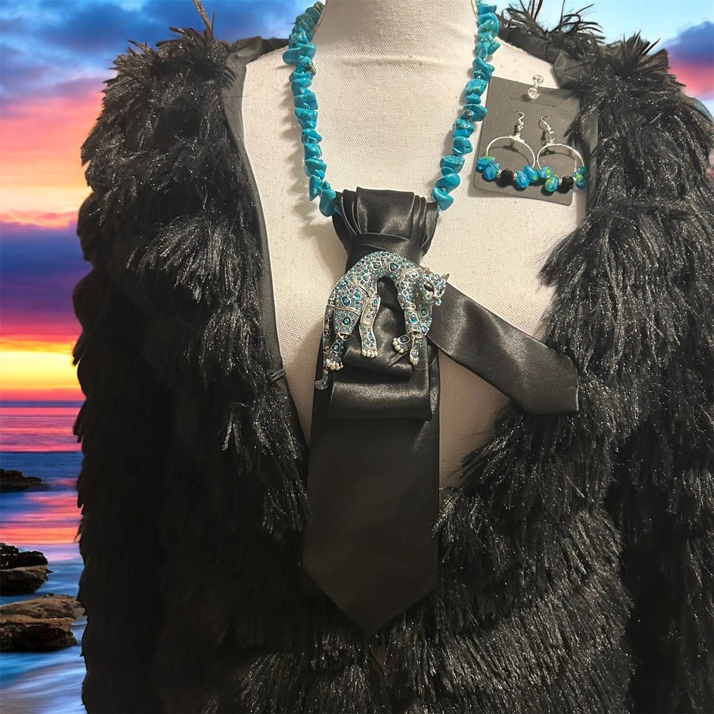 VTG Turquoise Nugget Necklace Black Satin Tie Leopard Brooch & Hoop Earring Set